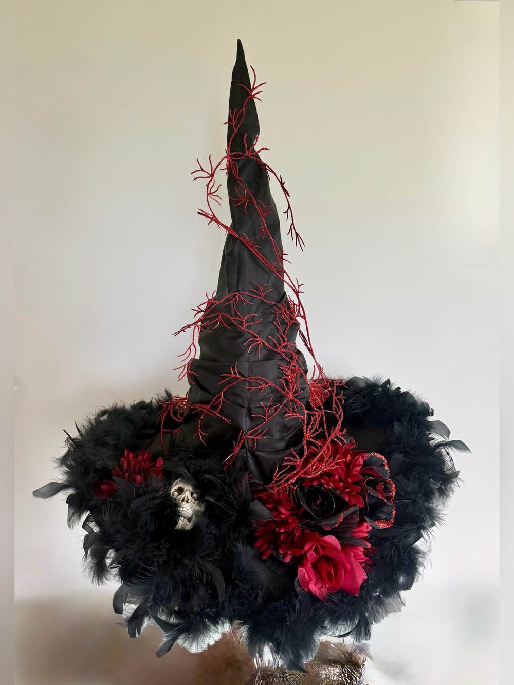 Witch Hat Costume Accessory artisan, one of feathers silk flowers black & red os